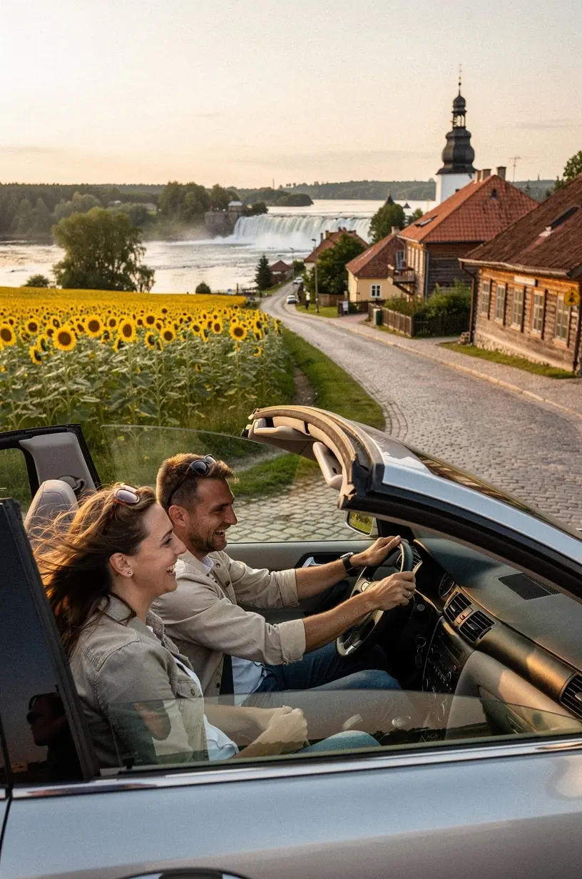 Kuldīgas vecpilsētas panorāma ar Ventas rumbu un vēsturiskām ēkām